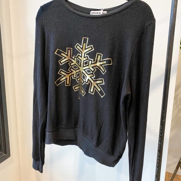 DREAM SCENE x WILDFOX Women's Back/Gold Foil Snowflake Fleece Pullover sz M NWT - Picture 5 of 9